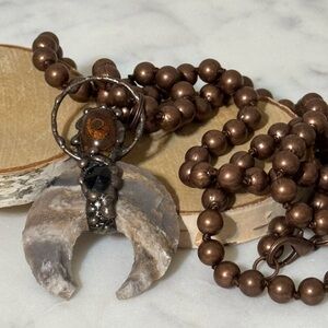 Necklace - Agate Moon Shape Crystal Pendant on a  36”  Round Copper Beaded